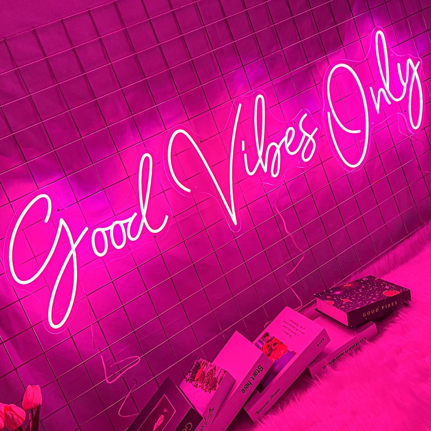 Good Vibes Only Neon Signs for Wall Decor -56.57" x 13.5" Pink large Neon Sign LED Art Decorative Lights with Dimmable for Bedroom Home, Club Bar and Party Decor