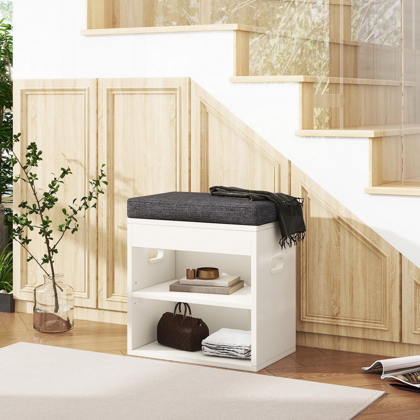 YMYNY Small Shoe Storage Bench with Cushion and Drawer, 2 Tier Adjustable Entryway Bench with Storage, Wooden Shoe Rack Bench for Entryway, Living Room, Hallway, Closet, Bedroom, White, HSC002W