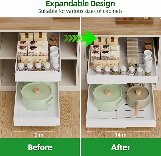 PAKETA 4 Pack Expandable Pull Out Cabinet Organizer, 21'' Deep Pull Out Drawers for Cabinet, Upgrade 3 Slide Rails Sliding Drawers for Cabinets with Adhesive Nano Film (White, 21"D X 9-14"W)