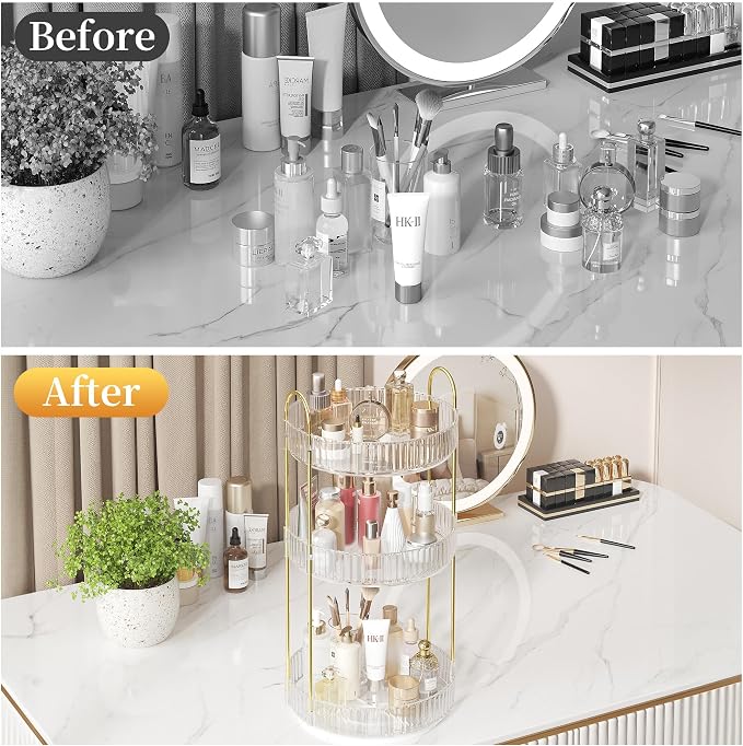 Rotating Makeup Organizer Countertop,Skincare Organizers,Spinning Perfume Tray Stand,Makeup Storage Organizer for Vanity,Bathroom Organizer and Storage,Lazy Susan,3 Tier,Clear