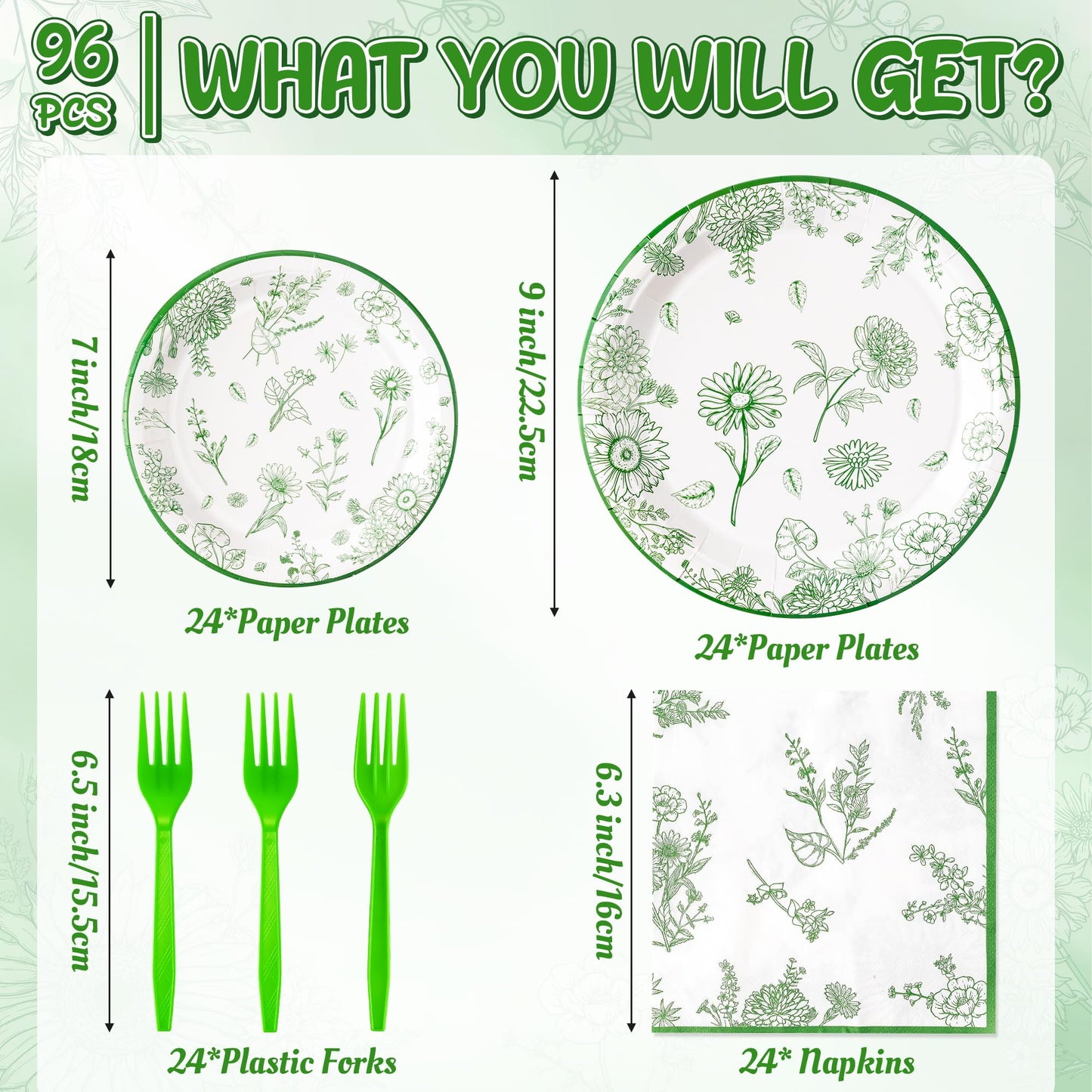 G1ngtar 96Pcs Sage Green Floral Party Plates Supplies Green Toile Chinoiserie Flower Tableware Decorations Disposable Paper Plates Napkins Forks for Birthday Spring Summer Party Wedding, Serves 24