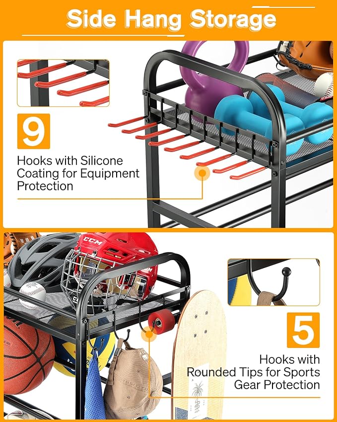 Garage Sports Equipment Organizer - Rolling Ball Storage Bin with Wheels, Garage Sports Gear Rack Outdoor Basketball Racks for Balls with Baseball Bat Holder and Hooks, Toy Organizer