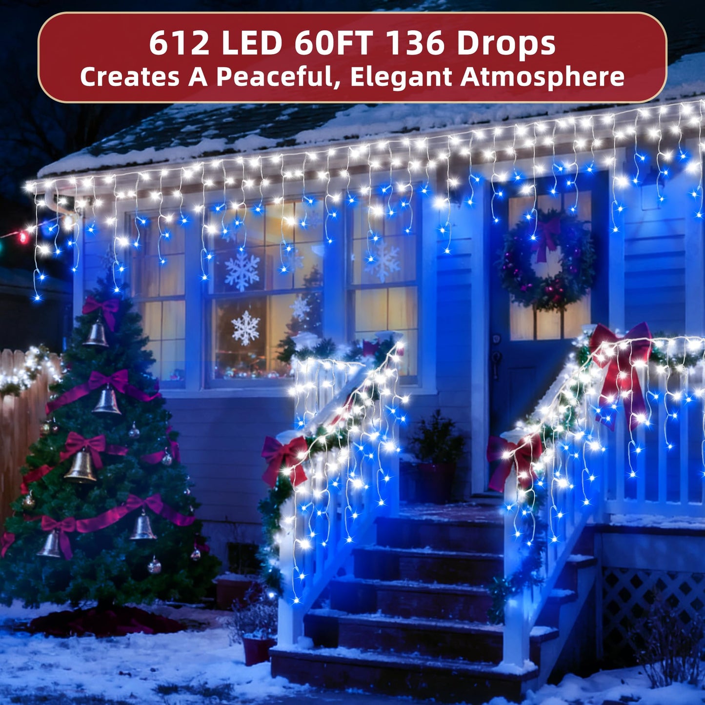 612 LED 60ft Christmas Lights with 136 Drops, 12 Lighting Modes Blue & White Christmas Decoration Twinkling Lights Dimmable, Timer Outdoor Waterproof Fairy Lights for Indoor Garden House Eaves Roof
