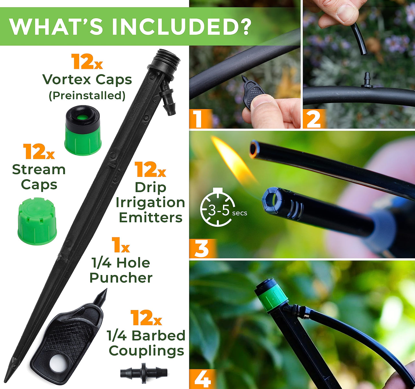 CARPATHEN 12pcs Drip Irrigation Emitters - Compatible with ¼ inch Drip Irrigation Tubing - 360 Degree Adjustable Flow Garden Irrigation Drippers for Drip Irrigation System - Spare Parts Included