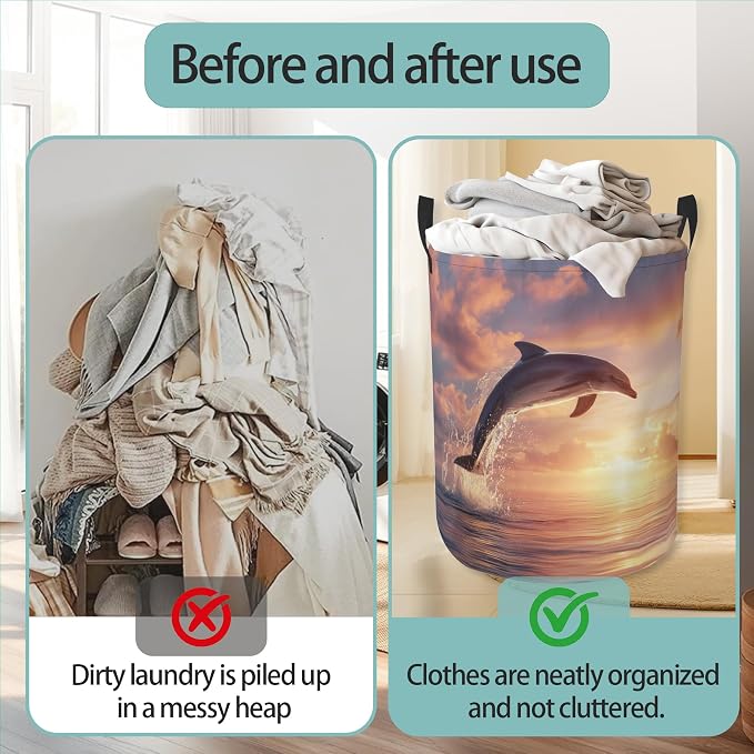 Laundry Hamper Foldable Oxford Cloth Dolphin Laundry Basket With Handle Portable Clothes Storage Organizer Basket Storage Bag For Laundry Room/Bedroom/Bathroom