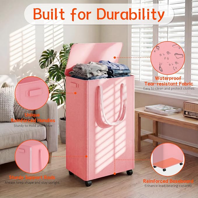 Slim Laundry Hamper with Wheels,20 Gal (75L) Rolling Laundry Basket with lid and wheels Clothes Hamper Foldable Tall Dirty Clothes Basket Sturdy Collapsible Clothes Hamper for Dorm,Laundry Room