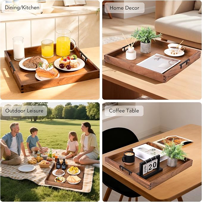 Joy&Grace Ottoman Tray for Living Room, Large Acacia Wooden Serving Tray with Handles for Coffee Table, Breakfast in Bed, Food Dinner, Decorative Tray (Color Natural, 20" x 20" x 2")