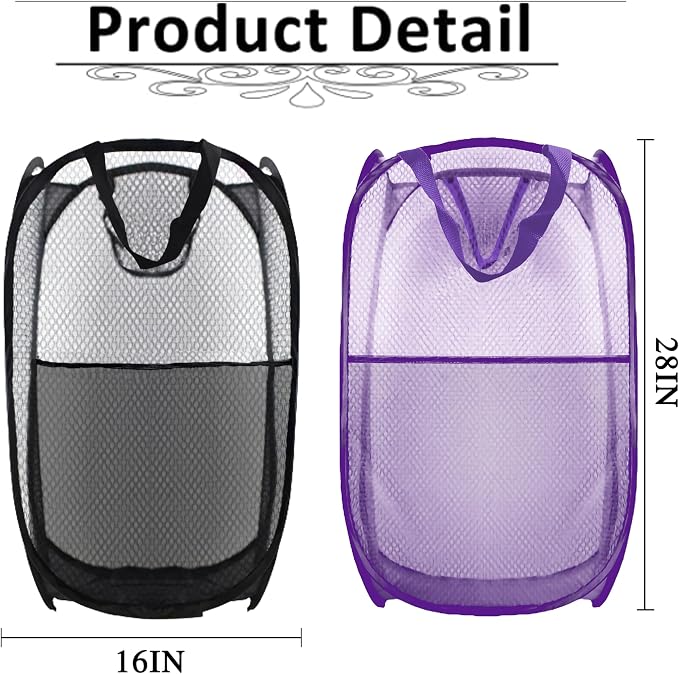 Collapsible Pop Up Laundry Hamper, Extra Large Mesh Foldable Laundry Basket Bag, 28" x 16" x 16", 2 Pack (Black + Purple)