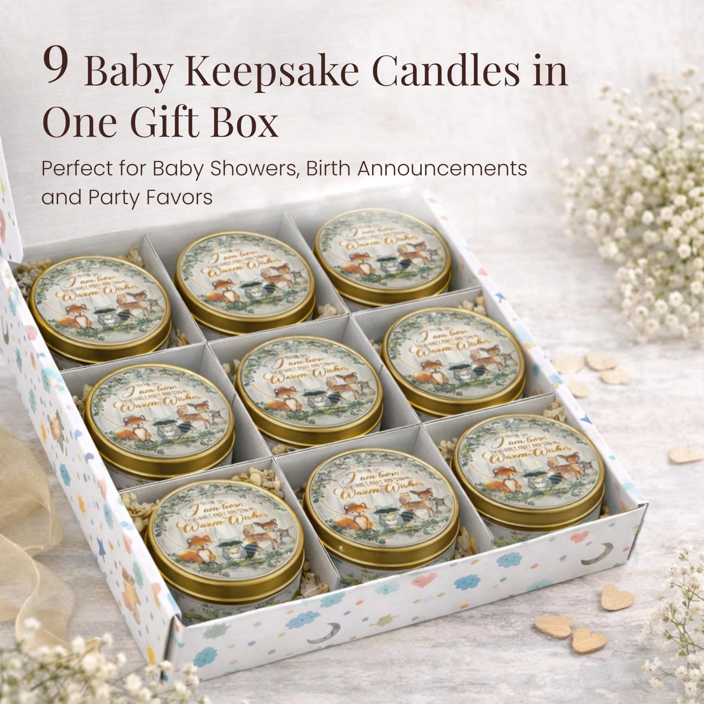 Majestic Zen Woodland Scented Candle 9-Pack Soy Wax Baby Shower Candle Favors - Natural Scented Candle Gift Set & Gender Reveal Candle & Party Keepsakes - Woodland Theme Round Candles for Table Decor