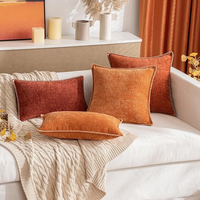 MIULEE Pack of 2 Fall Lumbar Throw Pillow Covers 12x20 Inch Rust Farmhouse Decorative Pillow Covers with Stitched Edge Soft Chenille Solid Dyed Pillow Covers for Couch Sofa Bed Living Room