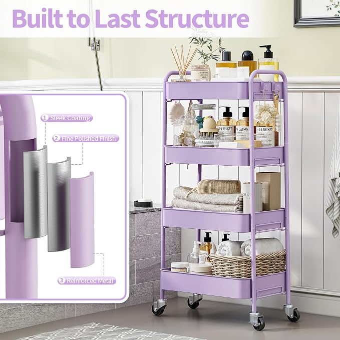 TOOLF 4-Tier Rolling Cart - Metal Storage Organizer with Lockable Wheels, 44 lbs Per Shelf Capacity, Tool-Free Assembly, for Kitchen Bathroom Office Laundry Room Nursery, Purple