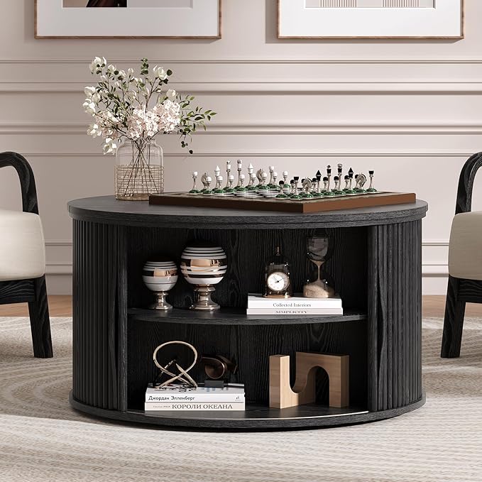 JOINICE 31.5" Black Round Lift Top Coffee Table, Modern Fluted Drum Center Table with Hidden Storage, Minimalist Circle Wood Desk for Living Room & Small Apartment