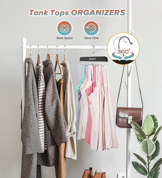 Gomyrod Bra Hanger for Closet, 1 Pack Tank Top Hanger w/20 Hooks Capacity Foldable Wood Space Saving Hangers, 360°Rotating Closet Organizers and Storage for Dorm & Apartment for Bra Scarf Ties(Black)