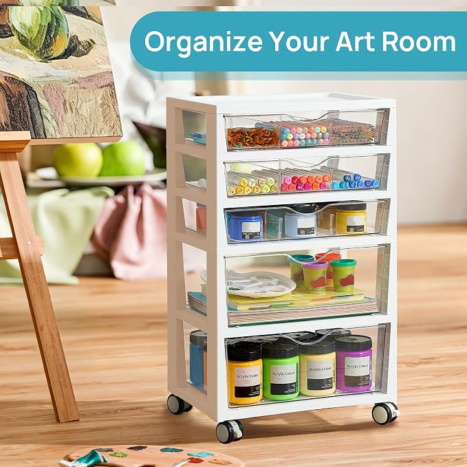 Vtopmart Plastic Drawer Storage Rolling Cart with Wheels, 5-Tier Drawer Organizer for Art Crafts Supplies, Home Office Supplies, Toys, Under Desk Storage for Office, Craft Room, Bedroom, Classroom