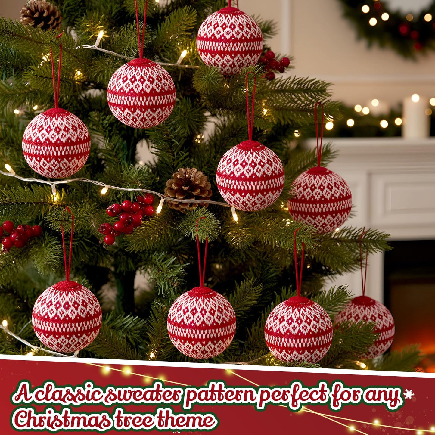 Weysat 12 Pcs 3.15" Red Knitted Sweater Christmas Balls Large Rustic Handmade Hanging Ball with Snowflake Pattern Christmas Tree Ornaments for Party Holiday Farmhouse Decorations Gifts