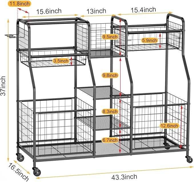 Garage Sports Equipment Organizer - Ball Storage Rack with Elastic Rope or Wire Mesh,Garage Organizer System with Wheels,Indoor/Outdoor Sports Rack for Sports Gear and Toys Storage,Black