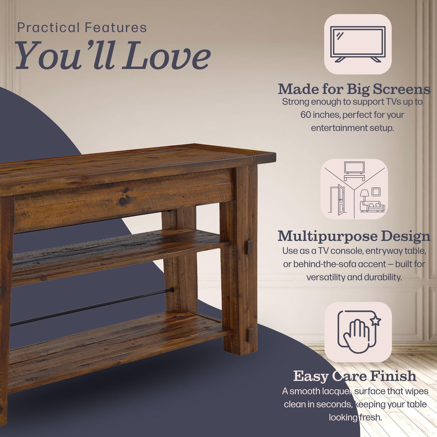 Durango 54-Inch Farmhouse-Industrial Style Wood Console Table with Two Open Shelves, Solid Wood Top, and Natural Grain and Knots – Fits TVs up to 60 Inches in Living Rooms by Alaterre Furniture