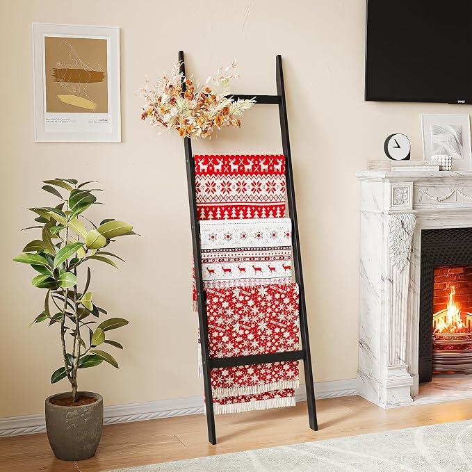Blanket Ladder Towel Racks For Bathroom 5 Layers Towel Holder 100% Bamboo Wood Sturdy Construction No Need Wall Drilling Quilt Scarf Storage Solution Decorative Leaning Shelf for Living Room (Black)