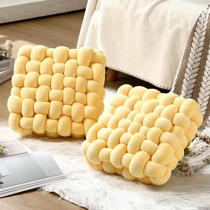 Wenqik 2 Pcs Knot Pillows Square Knotted Plush Throws Soft Accent Pillows Decoration Cushion for Couch Home Office Living Room Bedroom Bed Sofa Decor, 12'' x 13''(Goose Yellow,Crystal Velvet)