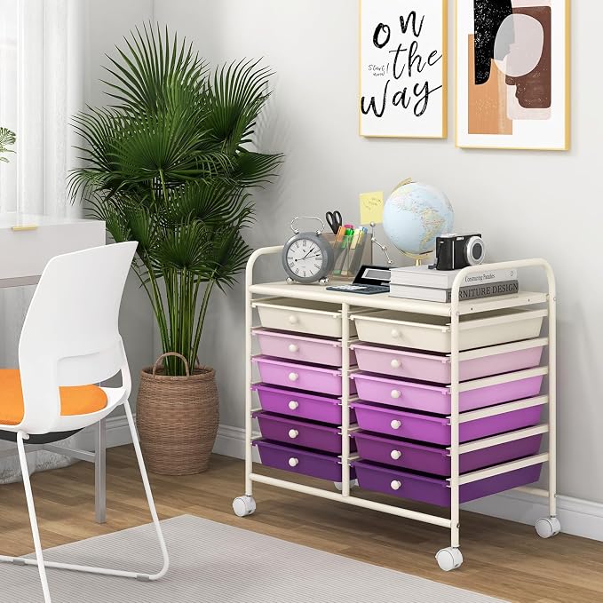 COSTWAY 12-Drawer Rolling Storage Cart, Utility Storage Organizer Cart for Tools, Scrapbook, Paper, Craft, Multipurpose Art Supply Organizer on Wheels for Home Office School, Teacher, Purple Gradient