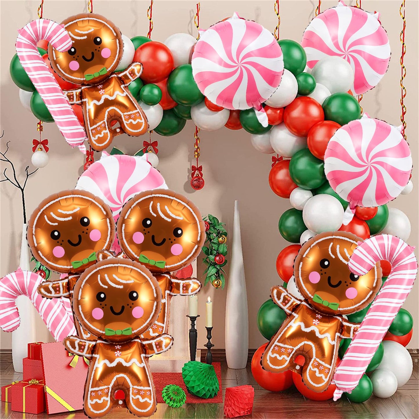14 Pcs Christmas Balloons Decorations Gingerbread Man Balloons Pink Candy Cane Foil Balloon for Christmas Birthday Party Winter Themed Decorations