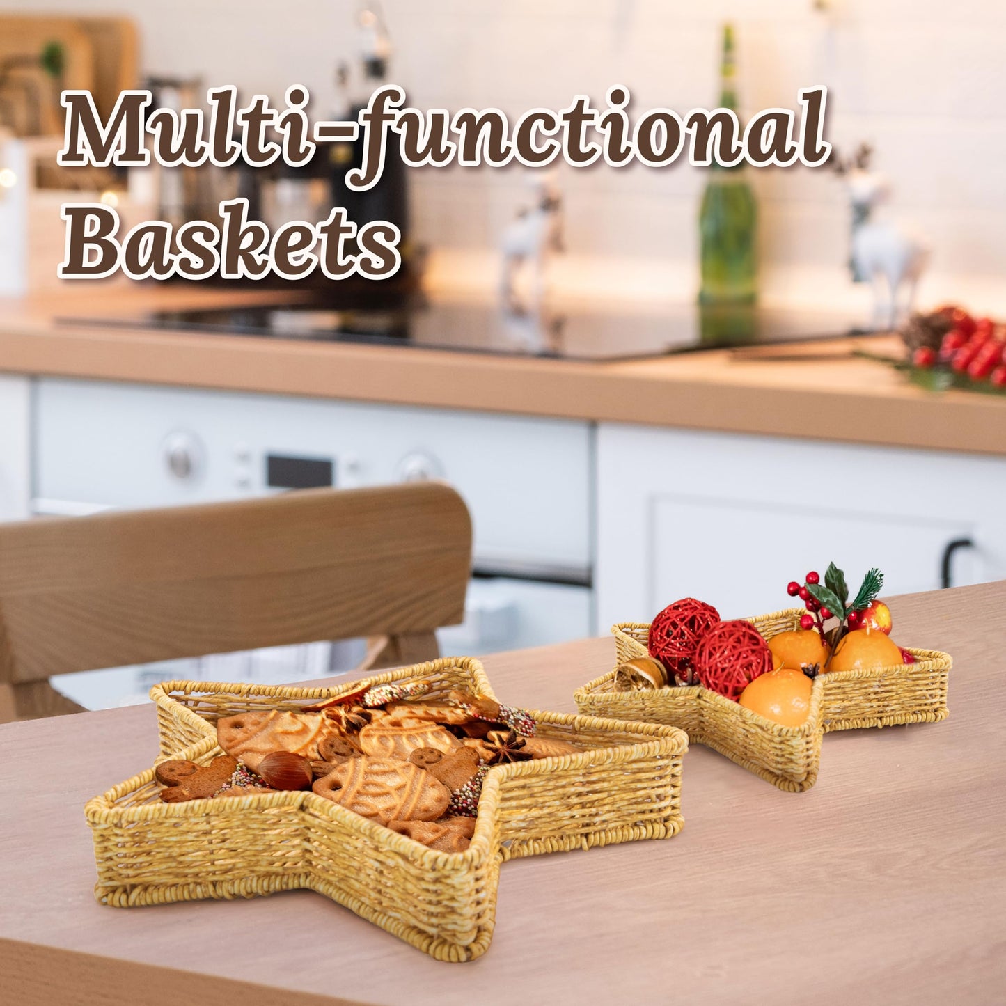 WeeNest Star Wicker Basket, Rattan Basket, Decorative Basket, Star Plates, Woven Basket for Gifts, Christmas Stars, Christmas Serving Dishes and Platters, Oat milk, Resin Wicker Set of 2