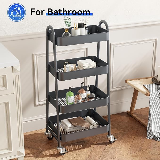 OLIXIS Metal 4 Tiers Utility Rolling Cart, Mobile Storage Shelf with Lockable Caster Wheels, Organization for Livingroom, Bathroom & Narrow Places, 4-Tier Gray