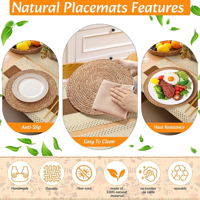 6 Sets Boho Decoration Placemats Round Woven Placemats, Cloth Napkins, Wood Bead Napkin Rings, Long Table Runner and Farmhouse Burlap Cotton for Table Kitchen (Caramel,12x72)