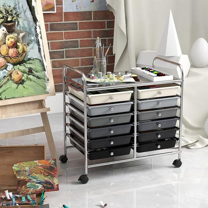 COSTWAY 12-Drawer Rolling Storage Cart, Utility Storage Organizer Cart for Tools, Scrapbook, Paper, Craft, Multipurpose Art Supply Organizer on Wheels for Home Office School, Teacher, Mixed Black