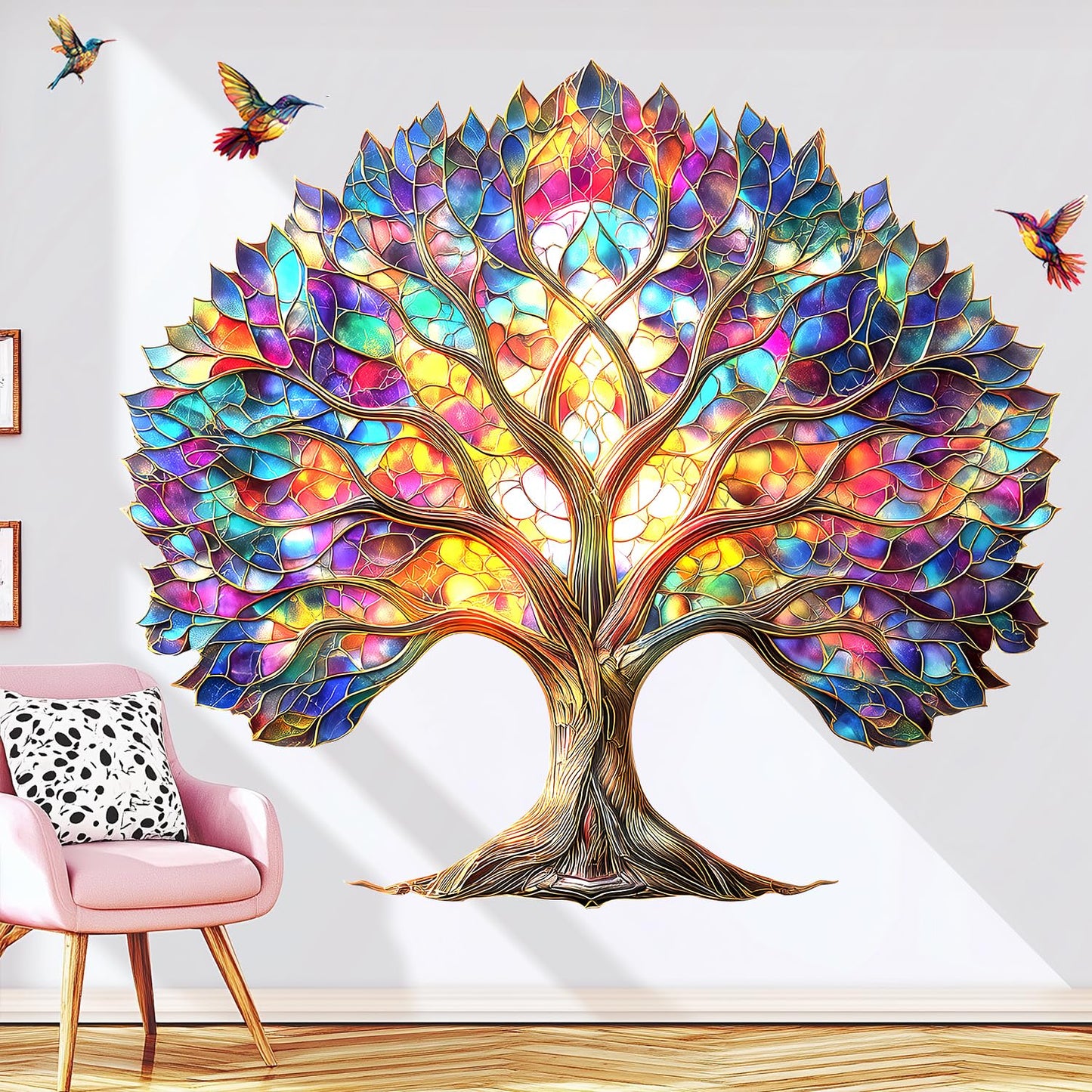 VePret Vibrant Tree of Life Wall Decals Peel and Stick,Stained Glass Leaves Wall Stickers & Murals, Removable Hummingbirds Home Decor Art for Bedroom Living Room Classroom Office