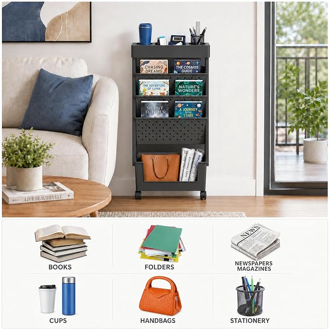 5-Tier Rolling Bookshelf, Book Storage Organization with Wheels Mobile Bookshelves Cart for Home Office Kids' Study Room School, Black