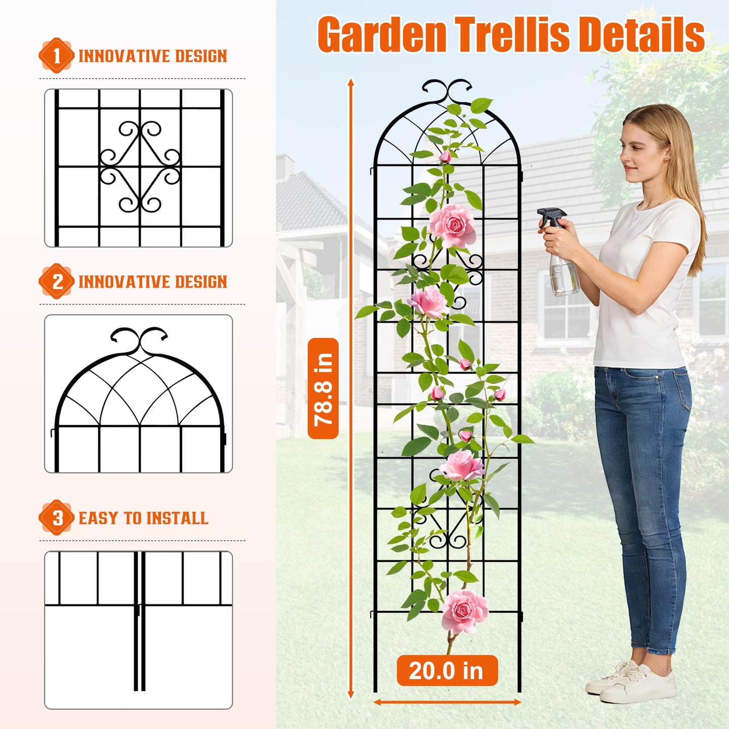 LZRS 2 Pack 78.7x20in Rustic Iron Arch Decoration Garden Trellis with Black Metal Coating – Perfect for Supporting Climbing Plants Outdoor, Roses, Vines, Flowers, and Vegetables.