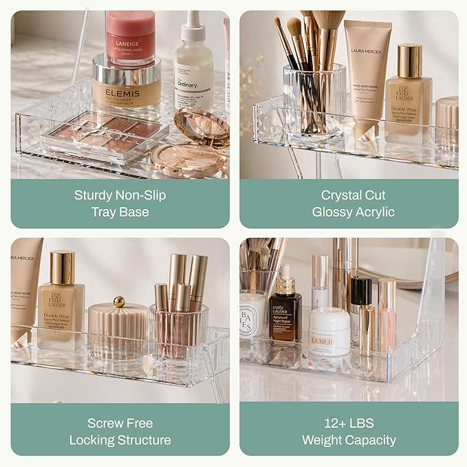 Perfume Organizer for Vanity, Premium Clear Acrylic Makeup Organizer Countertop with Non-Slip Trays, Easy 30-Second Assembly, Holds 12–16 Bottles for Bathroom & Dresser (Crystal Clear)