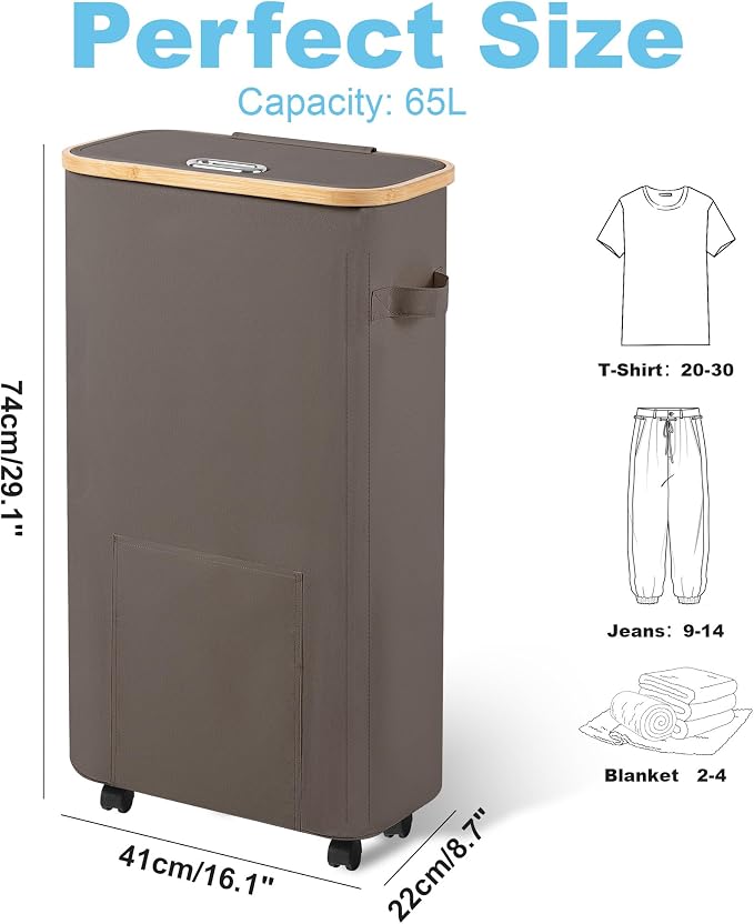 Vincona Laundry Basket with Wheels, Tall Dirty Clothes Hamper on Wheels, Rolling Laundry Hamper with lid for Dorm, Bedroom and Bathroom