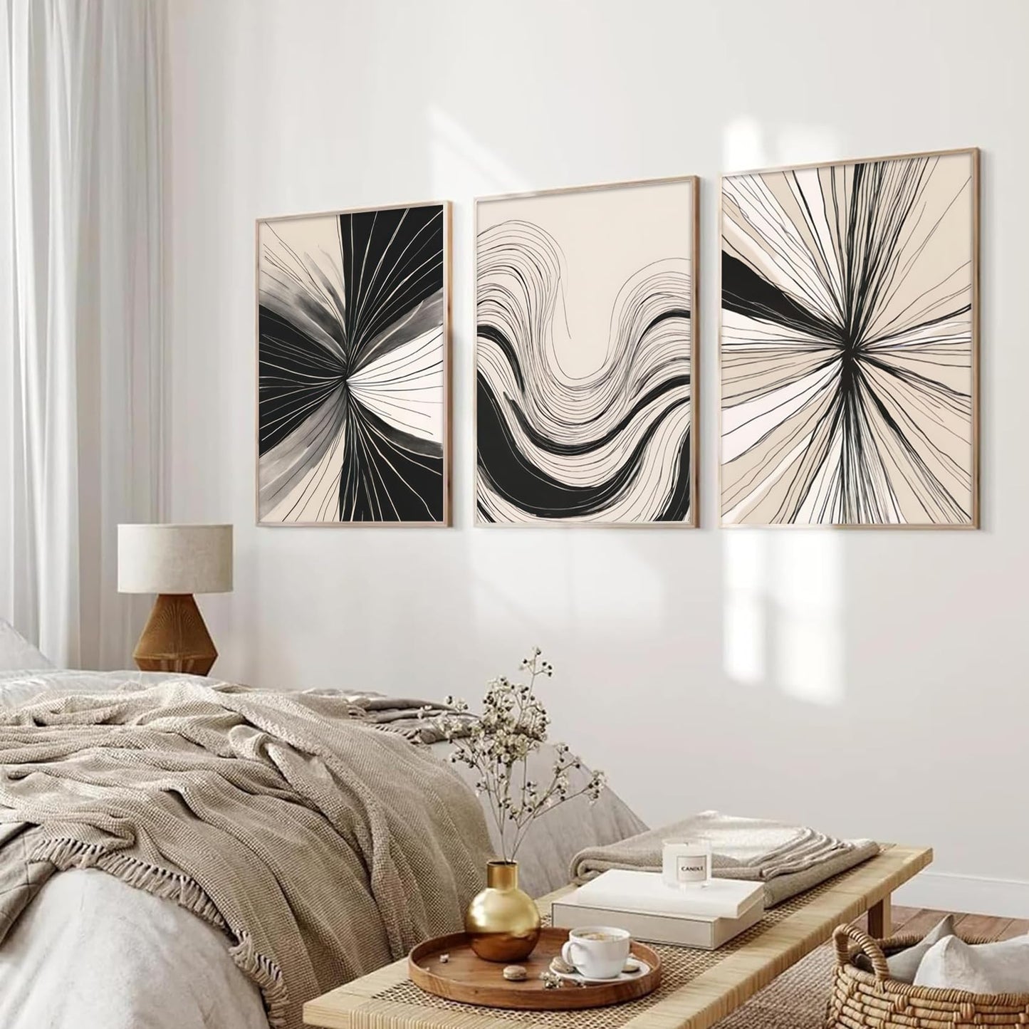 3Pcs Abstract Line Wall Art Modern Boho Neutral Line Wall Decor Mid-Century Paintings Geometric Minimalist Black and Beige Posters prints Artwork for Living Room Bedroom Office Home12x16in Unframed