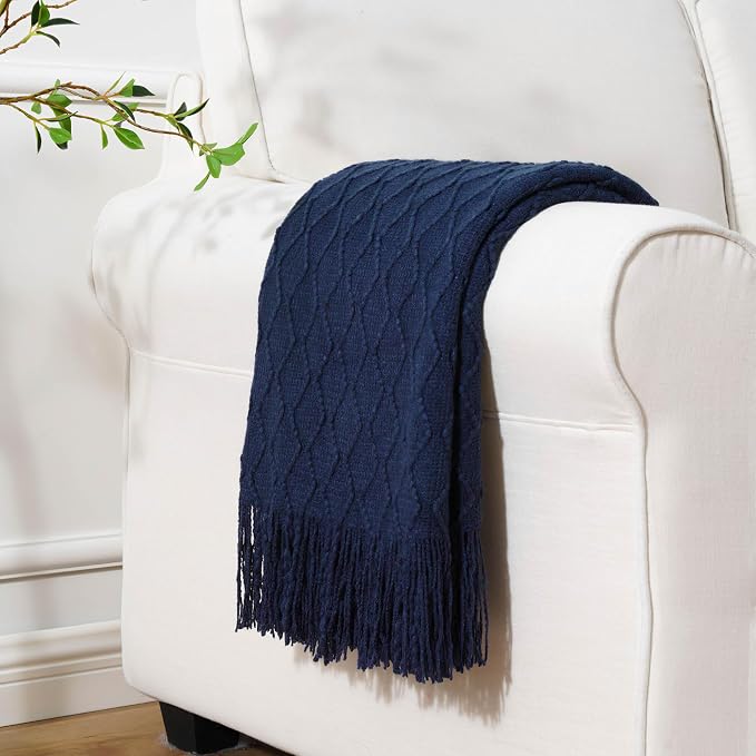 BATTILO HOME Navy Throw Blankets for Couch, Navy Blue Lightweight Decorative Blankets and Throws, Boho Warm Knit Blanket for Men and Women, 50"x60"