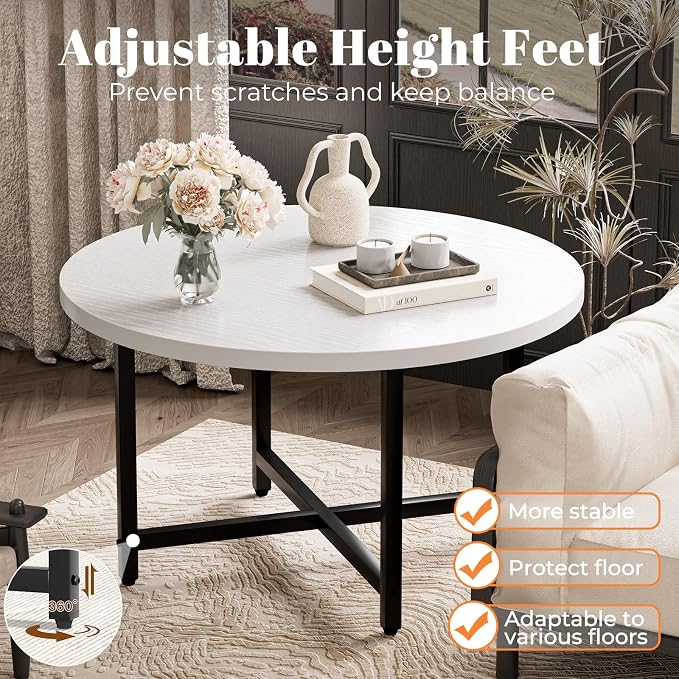 FAMIDGE Round Coffee Table, Small Coffee Tables for Living Room, Low Wood Coffee Table with Metal Frame, Floor Table Desk for Sitting on The Floor, Home, Office, White(23.6" D x 17.7" H)