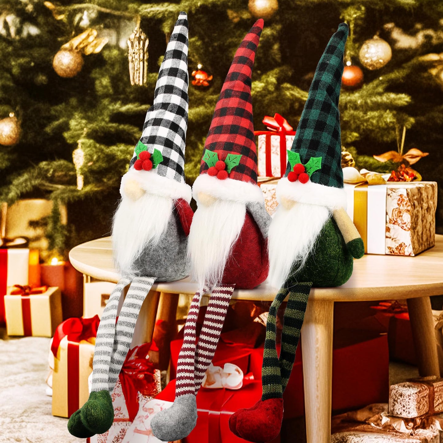 Teeker 3Pcs Christmas Gnomes Plush - Xmas Gnomes Santa Scandinavian Tomte Ornaments - Buffalo Check Plaid Christmas Doll - Xmas Decorations for Home, Office, Indoor for Women, Gnomes Lovers