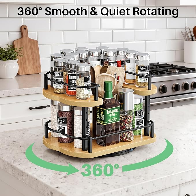 Lazy Susan Organizer Spice Rack - Spice Organization for Cabinet Height Adjustable Rotating Lazy Turntable, Pantry Kitchen Wood Revolving Seasoning Organizer (Natural, 12 Inch)