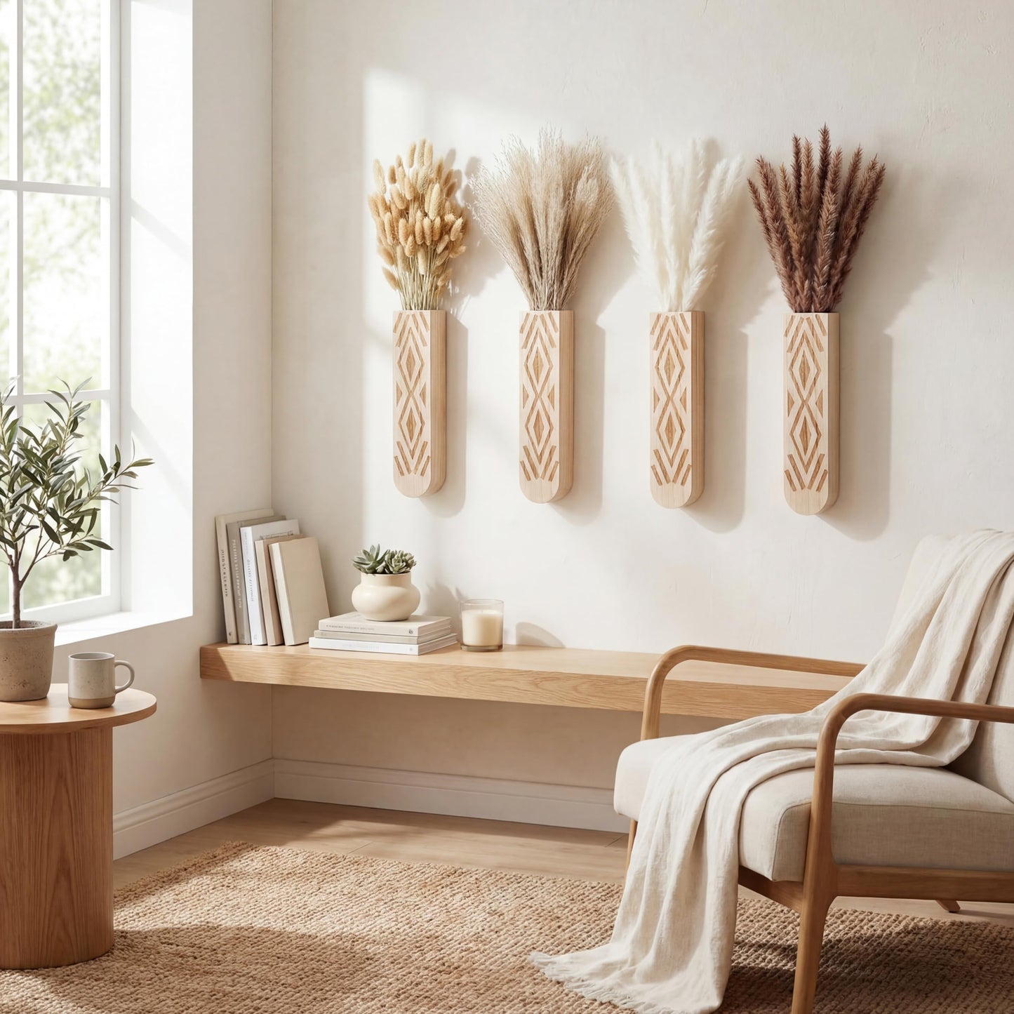 Suncalla 4 Pack Wooden Wall Planter with 110 Pampas Grass Modern Boho Wall Decor for Living Room Bedroom Bathroom Entryway, Farmhouse Rustic Art Vase for Dried Flower Faux Plant Home Office Decor