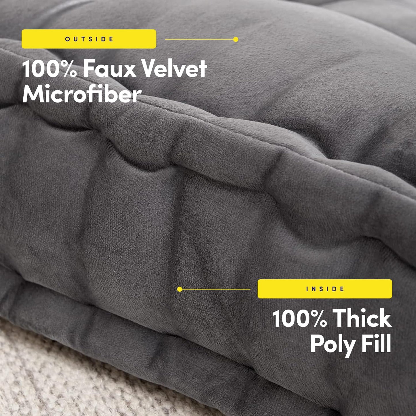 Sweet Home Collection Floor Pillow Large Square Tufted Decorative Cushion. Faux Velvet Fabric Ultra Thick Fill for Kids and Adults, Gray (Pack of 1)
