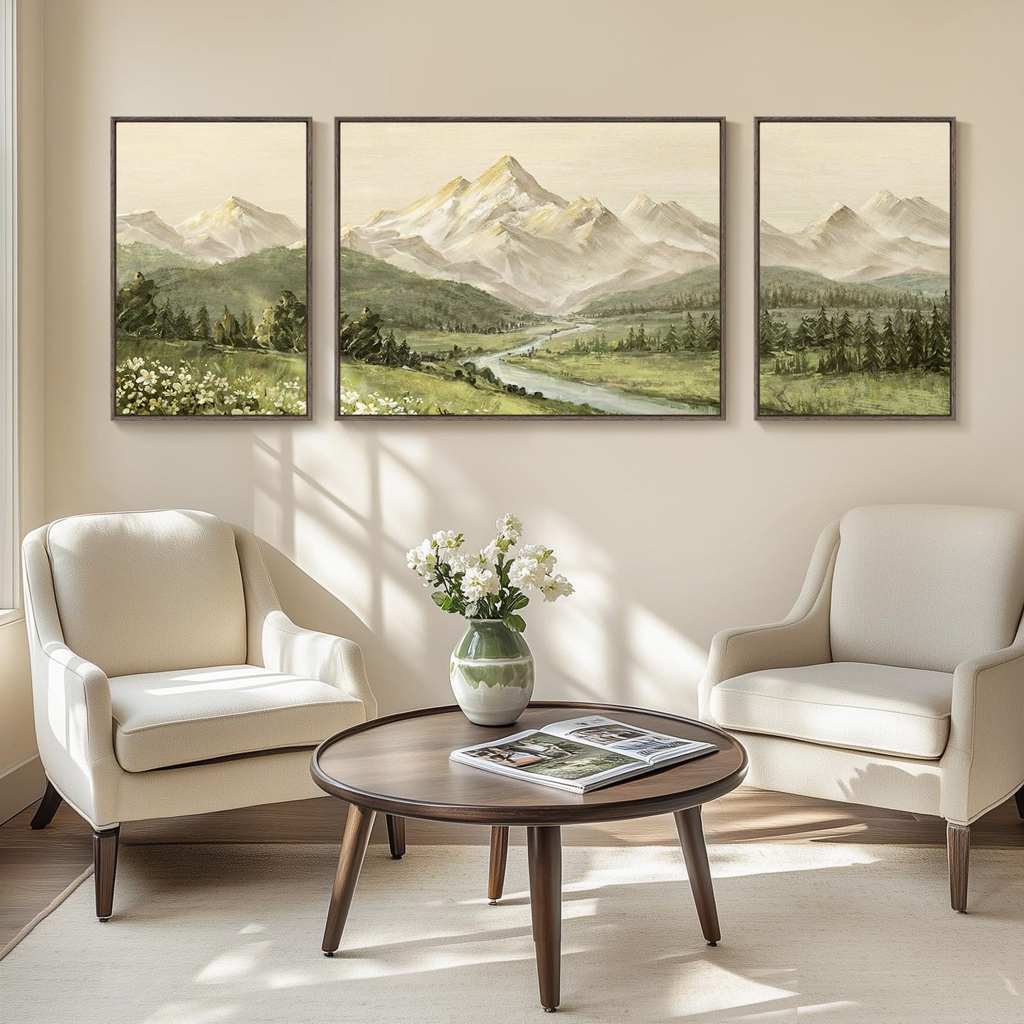 Large Framed Mountain Wall Art for Living Room, 3 Piece Modern Green Landscape Canvas Artworks, Forest River Nature Scenery Painting Prints for Bedroom Entryway Hallway Home Office Wall Decor