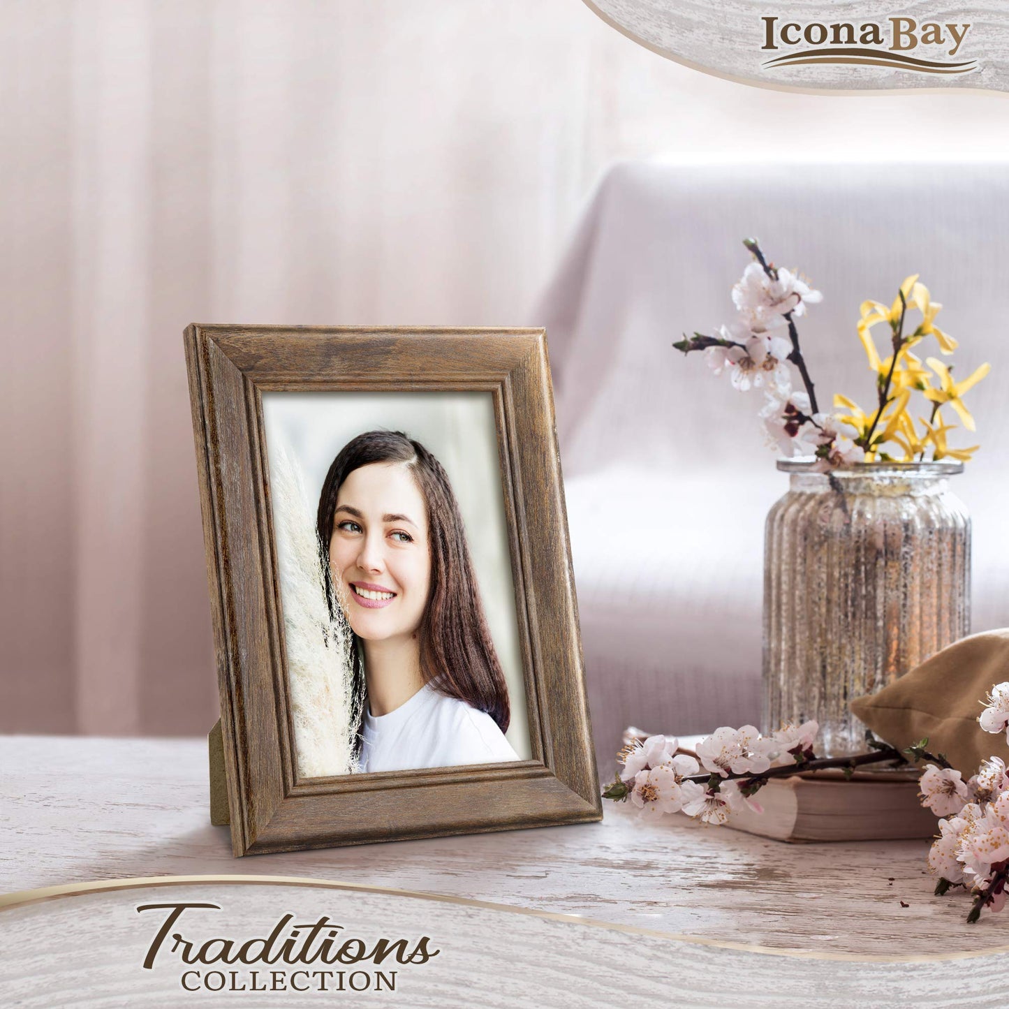 Icona Bay - 5x7 Chestnut Brown Picture Frame - Rustic Wood Pattern - Lightly Distressed Frame for Table Top Display or Wall Mount - Traditions Collection