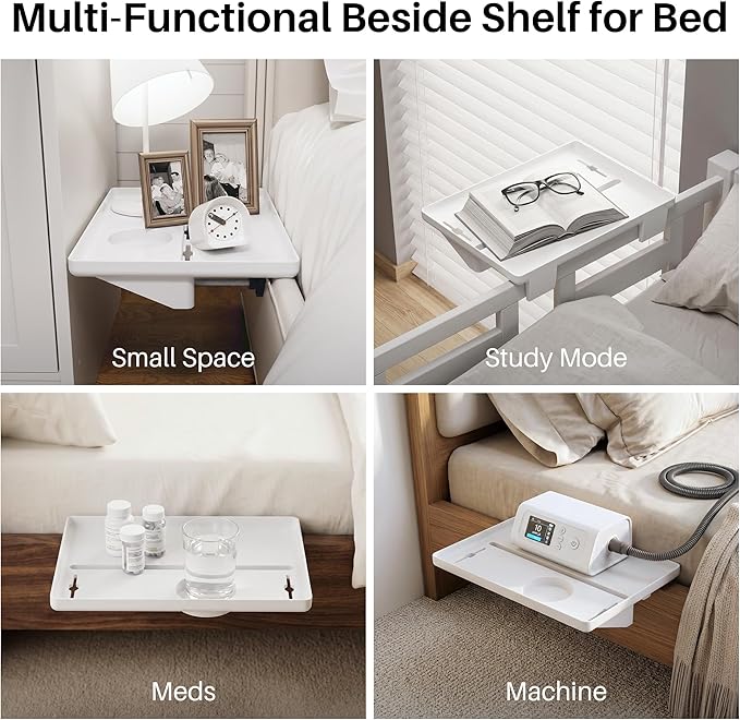 JOYMOOP Clip-On Bedside Shelf for Bunk Beds, Dorm Room Essentials, Bedside Caddy, No-Tool Install Bed Side Table Storage for Loft, Platform Beds, Nightstand Caddy for Phone, Glasses, Book (White)