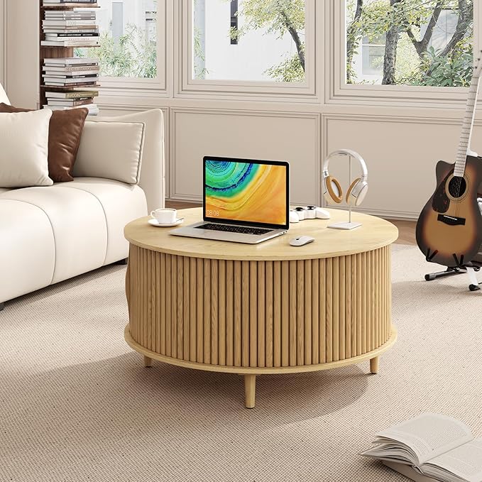JOINICE,Round Coffee Table with Storage, 31.5" Natural Oak Fluted Center Table with Sliding Door, Modern Circle Drum Table for Living Room, Scandi Wood Furniture for Small Spaces