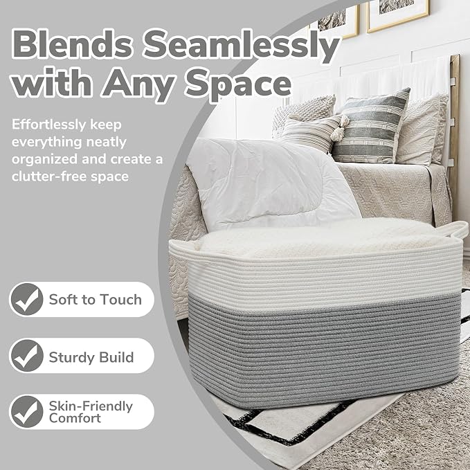 Goodpick Large Toy Storage Basket, Grey Cotton Rope Baskets Toy Storage Bin for Baby, Kids, Woven Storage Basket with Handle for Laundry, Living Room, Nursery, Bedroom, 21.6" x 14.9" x 11.8"