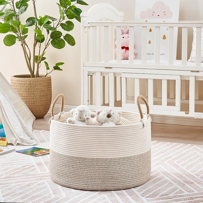 KAKAMAY Cotton Rope Storage Basket (20"x13"),Woven Hamper for Blankets,Toys,Pillows,Clothes,Laundry,Sturdy Handles Decorative Basket for Living Room, Bedroom,Nursery(Beige)