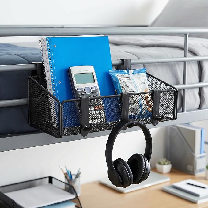 JDYOOMI Bedside Caddy Shelf Hanging Storage Basket for Bunk Bed, Office Cubical Walls, Baby Rails, College Dorm Organizer - 5 Pairs Sized Hooks for Phone, Glass, Magazine, Decor (Black)