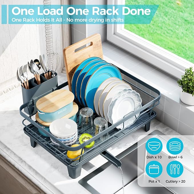 Urackify Dish Drying Rack for Kitchen Counter, Sink Dish Rack with Drainboard, Large Dish Drainer with Cups Holder, Home Countertop Plate Dryer Storage Rack with Cutlery Holder, Blue