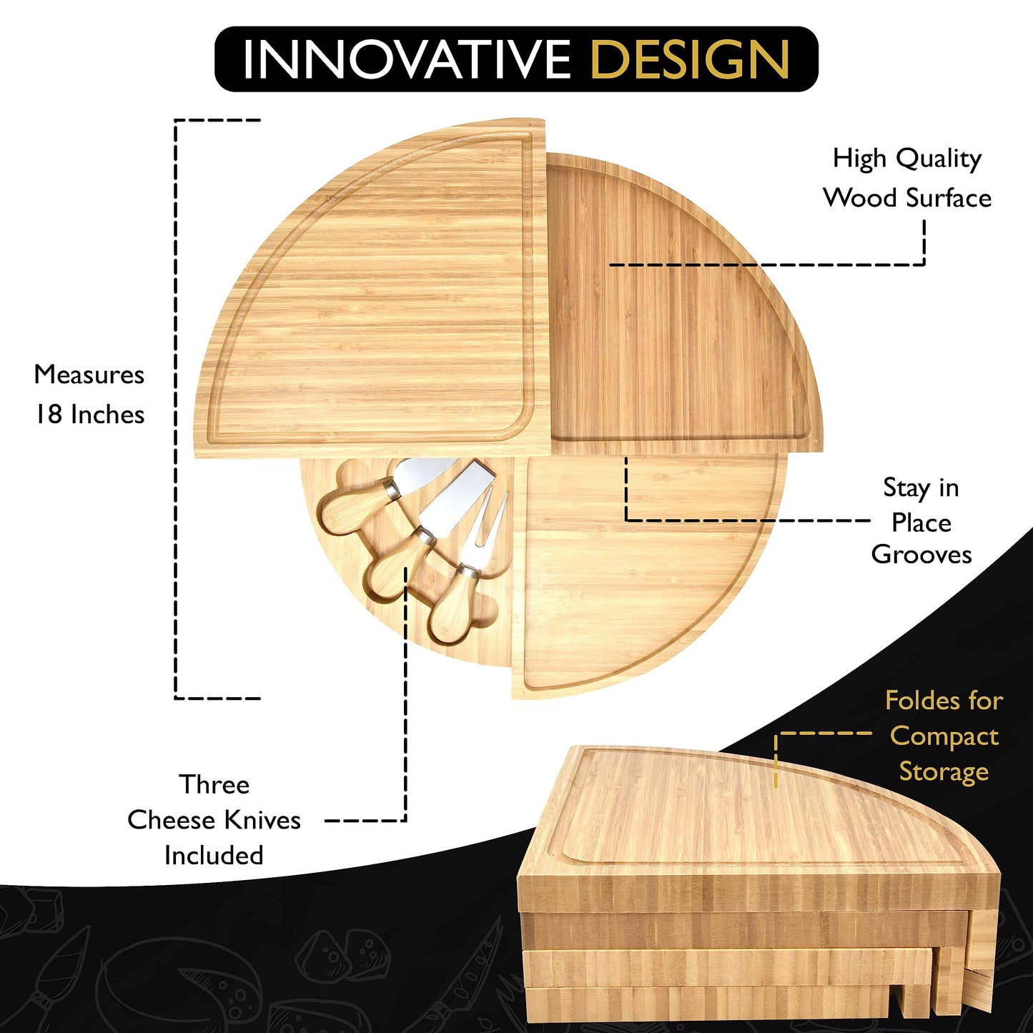 Perlli Bamboo Cheese Board & Knife Set, Large Folding 18 Inch Round Wood Rotating Charcuterie Board Set Cheese Meat Wine Serving Tray Platter, Home Decor